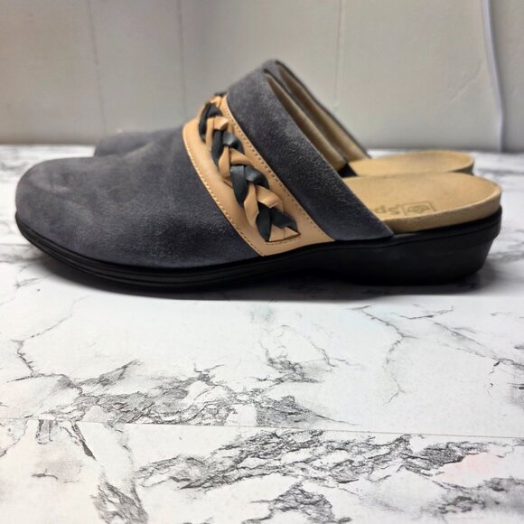 Spenco Woman's 10D "Iron Gate" Blue Gray Suede Braided Detail Topanga Clog - Picture 5 of 10